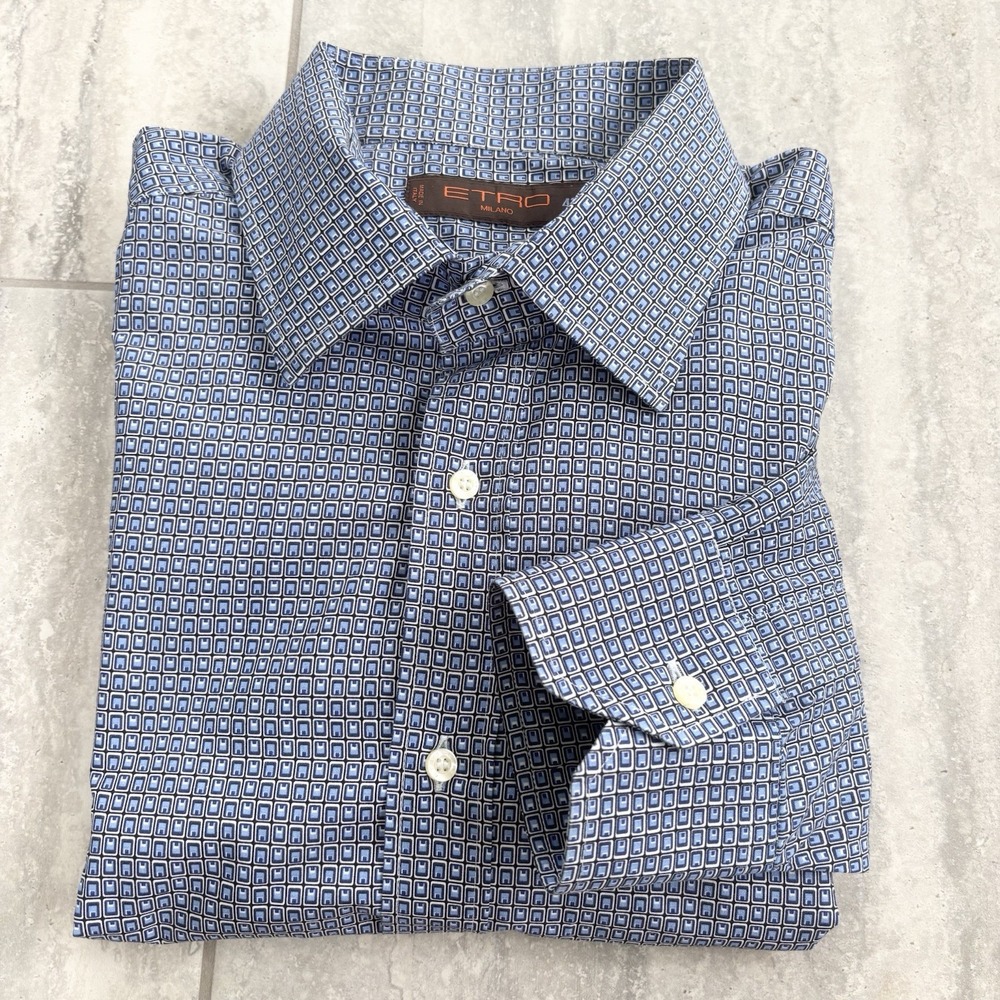 ETRO Milano Men's Luxury Dress Shirt Size 42 Blue Geometric Print Made in Italy